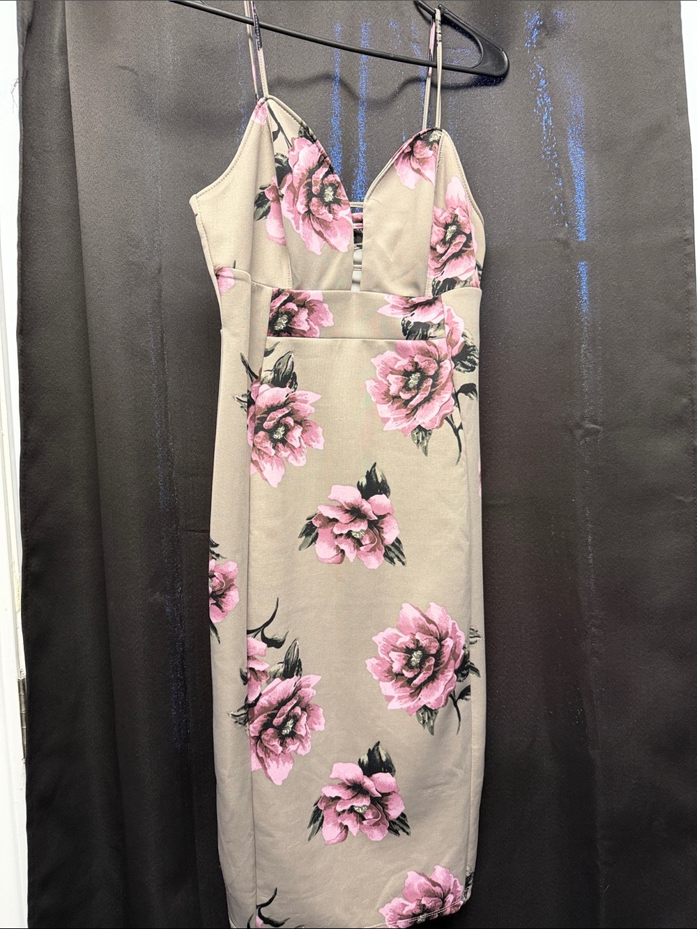 Haute Monde Taupe Midi Dress with Pink Floral Print